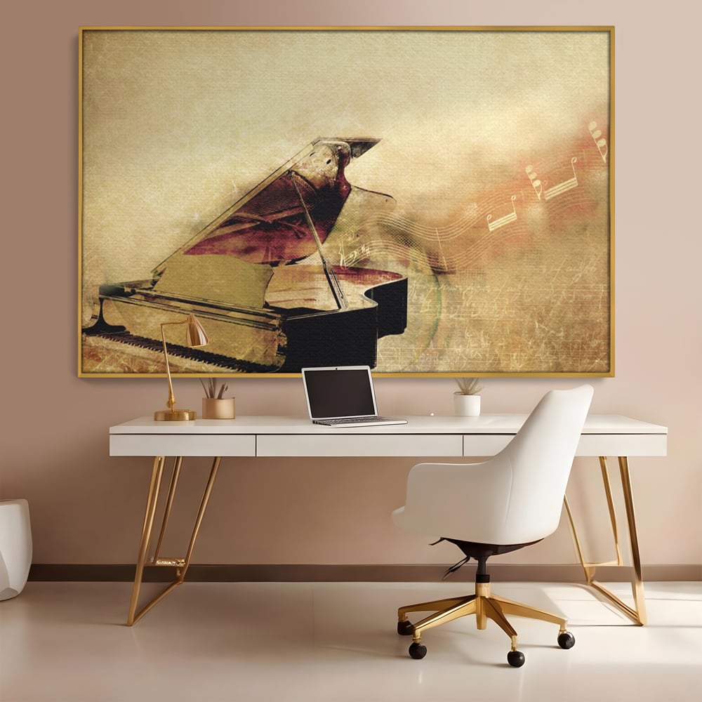 Tablou canvas cu tablou canvas cu pian vechi si note muzicale, in rama de aluminiu auriu, pe perete intr-un birou